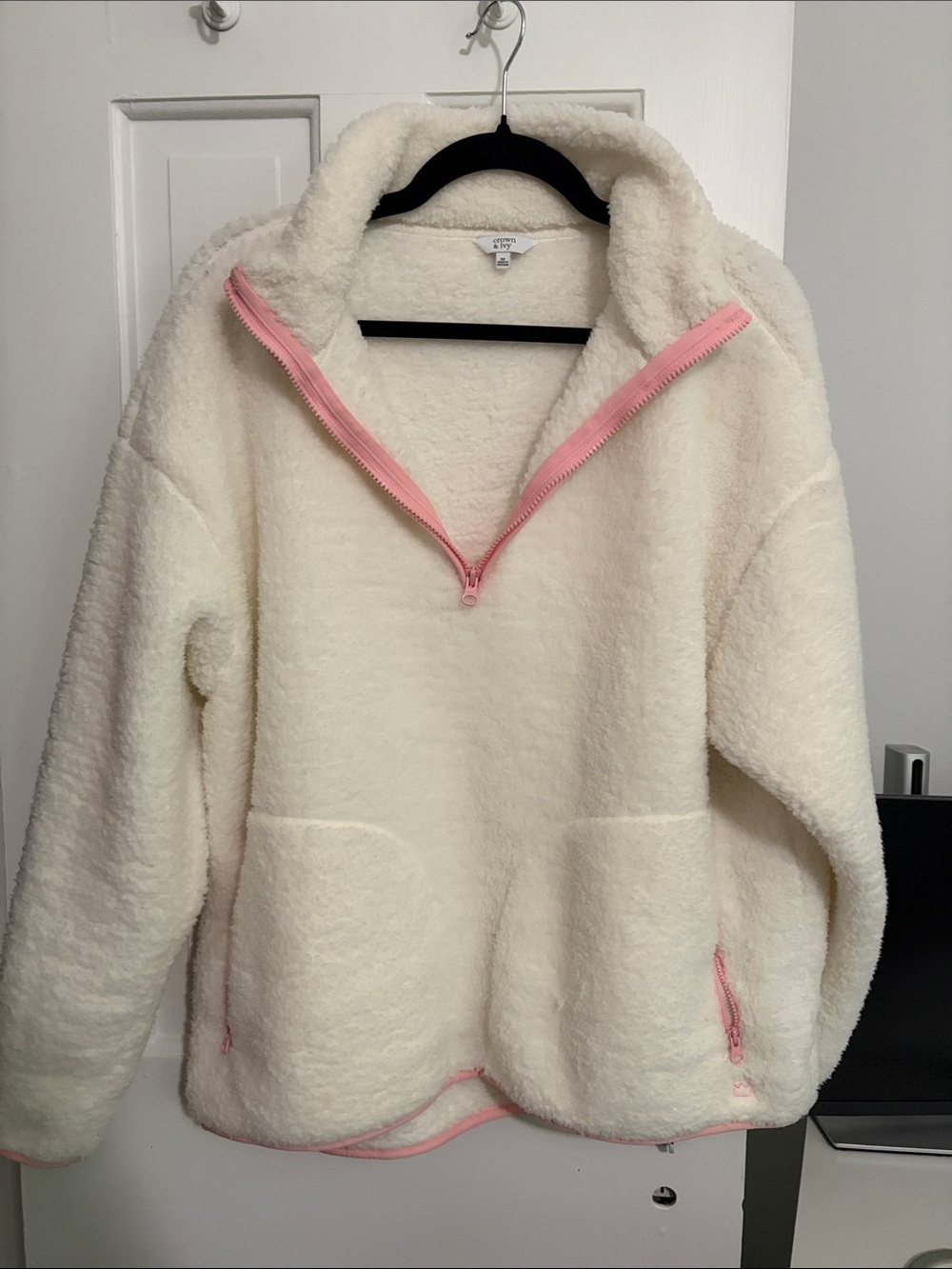 crown & ivy Cream Teddy Sherpa Pullover with Pink Trim